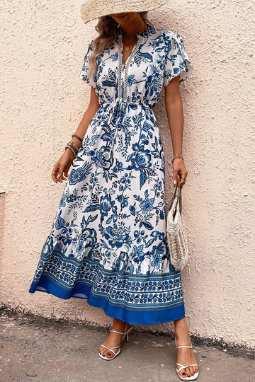 White and Blue Floral A Line Long Summer Dress with Short Sleeves